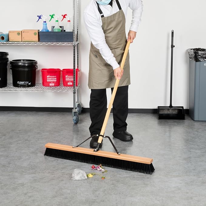 Restaurantware-Clean Tek Professional 36 Inch Push Broom, 1 Heavy-Duty Broom with 60â€ Handle - Fine Plastic Bristles, Durable, Wooden, Commercial Use, for Deck, Driveway, Garage, Yard, Patio