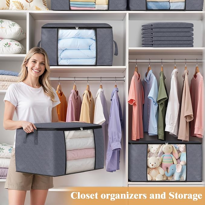 Fab totes 6 Pack Storage Bags for Clothes Blanket Storage Bins with Lids | Foldable Closet Organizers with Zippers,Window and Handles,Fabric Storage Bins for Sweater,Comforter,Bedding,Dorm essentials