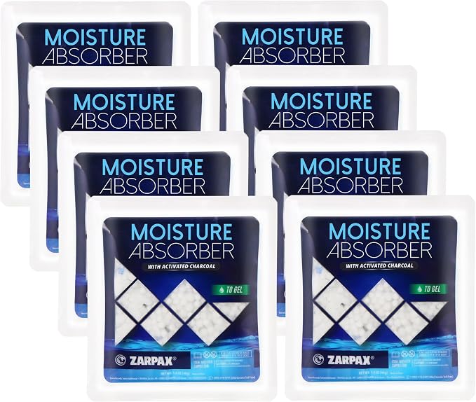 Zarpax Moisture Absorber Sachets Activated Charcoal 1.4 oz/40g - Remove Excess Moisture In Air - Desiccant Dehumidifier for Closet, Drawer, Safe, Storage - Dampness & Humidity Control - Set of 8