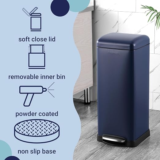 happimess Betty 8 Gal Step Trash Can Soft-Close Lid, Denim Blue | Removable Liner, Semi-Rectangular, Steel Pedal, Iron Powder Coated, 27" Height, Non-Skid Base