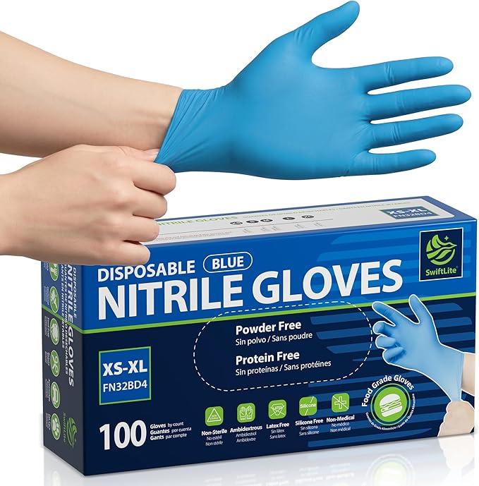 Food Safe Disposable Gloves Latex Free, Blue | Food Grade Nitrile Rubber Gloves, Latex-Free Powder-Free for Food Prep, Cooking, Household Cleaning