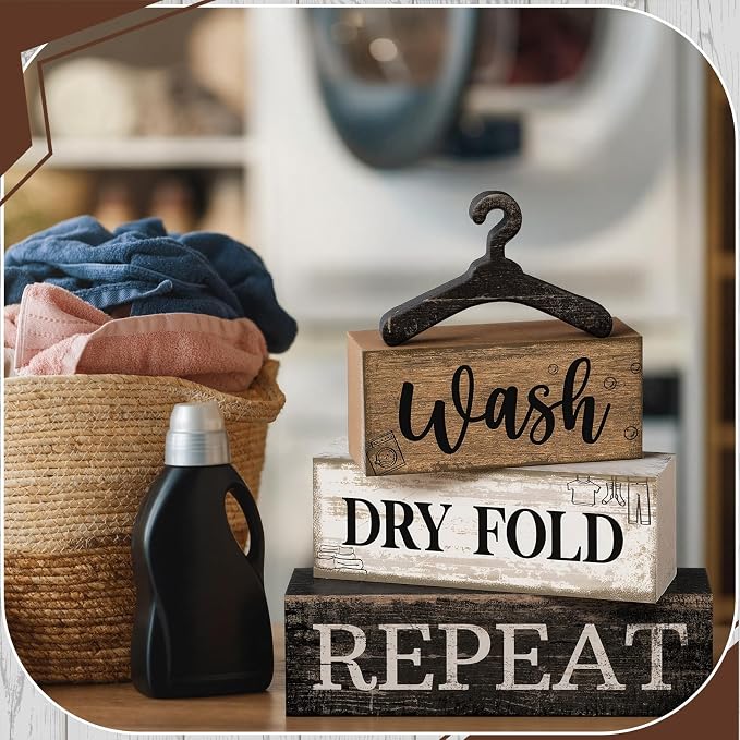 Moucuny 4 Pcs Farmhouse Laundry Room Decor Stacked Blocks Rustic Home Decor | Wash Dry Fold Repeat Blocks Sign, Funny Laundry Accessories, Housewarming Gift, Tabletop Display for Home Decor