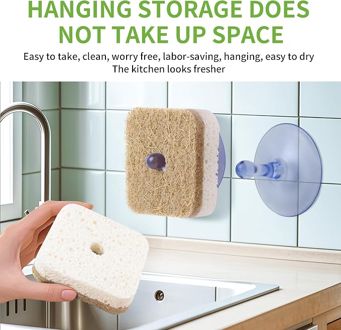 12Pack Kickleen Natural Kitchen Scrub Dish Sponges with Suction Hanger | Biodegradable Compostable Cellulose and Coconut Non-Scratch Sponge for Kitchen, Bathroom, Household