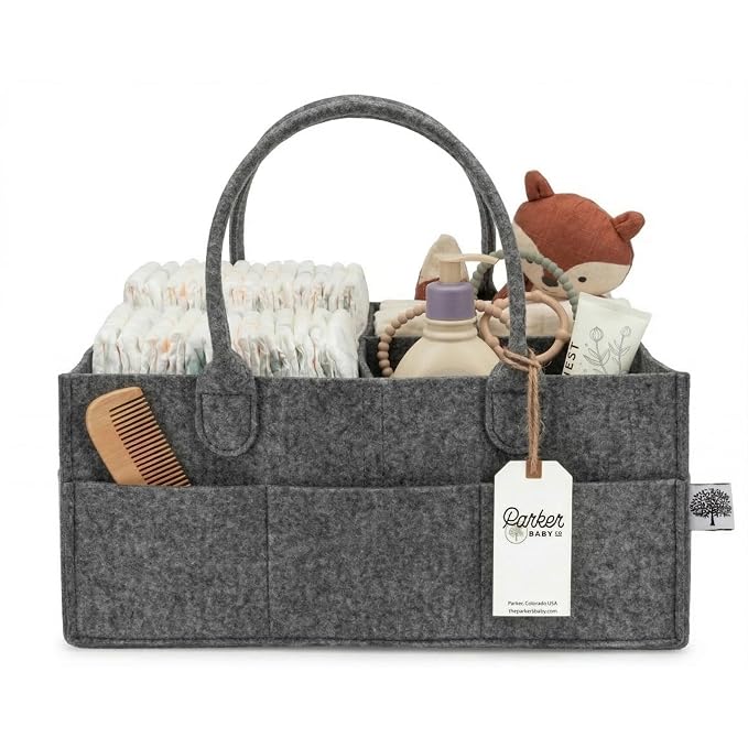 Parker Baby Co. Felt Diaper Caddy Organizer - Large, Charcoal | Portable nursery storage bin sorts diapers, wipes, bottles & baby essentials in home/car. Soft felt, foldable design 16x10x7"