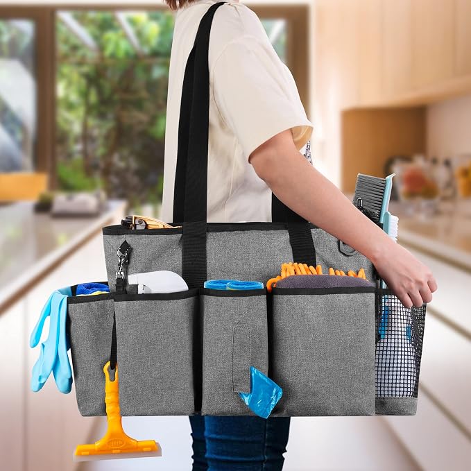 LoDrid Professional Cleaning Tote Caddy for Cleaning Supply, Gray | Cleaning Bag Organizer with Dividers and Handle Strap for Housekeepers Work, Bag Only