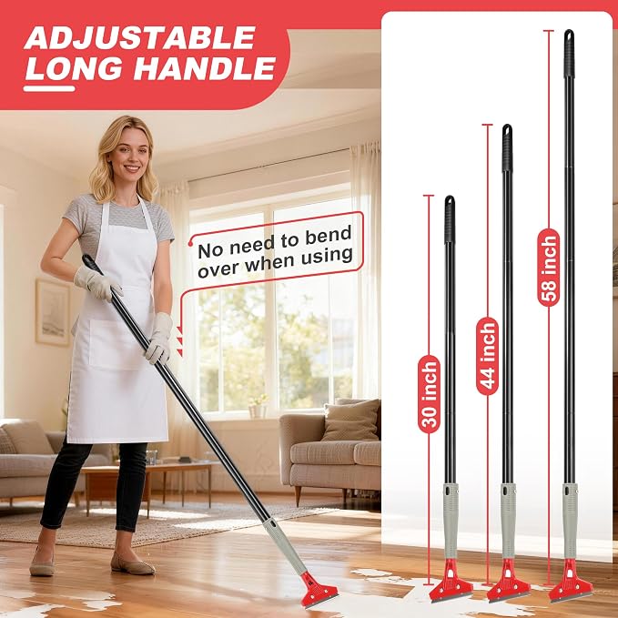 Floor Scraper Long Handle Heavy Duty, 30"-58" Long, 4" Wide Blade | Razor Blade Floor Scraper Tool, For Cleaning Stickers Gum Paint Hardwood Floor Wall Glass Tile Grout, 10 Extra Blades