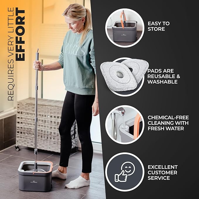 Mop and Bucket Set, Mops for Floor Cleaning, Spin Mop, Gray | Spin Mop With Wringer, Dual Chamber Bucket, Flat Microfiber Mop, 2 Washable Heads, 63 Inch Handle