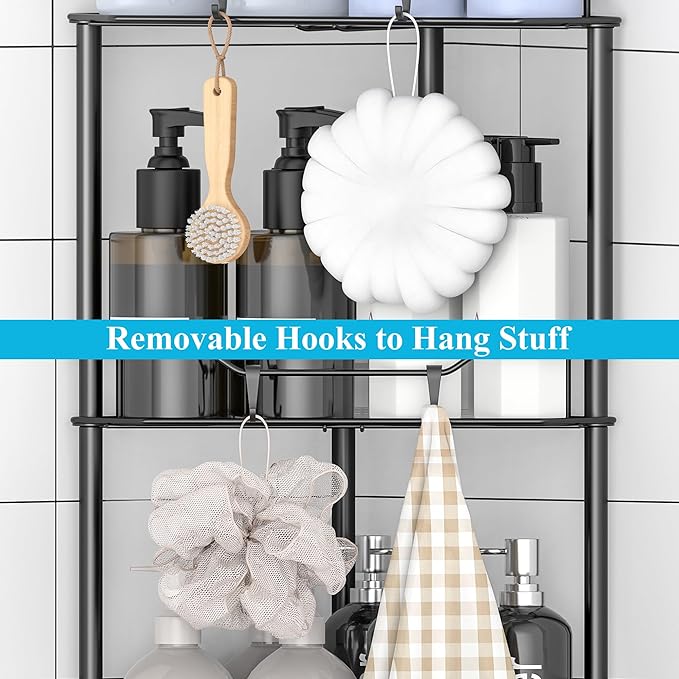 HuggieGems Metal Floor Standing Corner Shower Caddy, Black, 2 Tier | Adhesive Bathroom Organizer Shelves, Free Standing Shower Rack with Hooks, Hold Large Shampoo Bottles