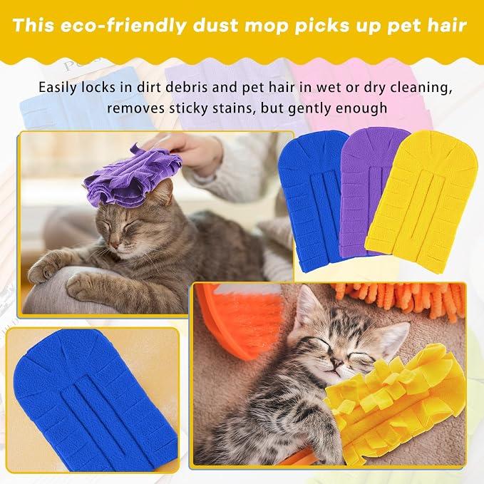 Zubebe 6 Pcs Reusable Duster Refills Fleece,Blue, Yellow, Purple | Soft Polyester Fiber Flat Duster Refill Multi Surface Washable Cleaning Pad Tools for Home, Blinds, Car, Pet, Furniture, Fans
