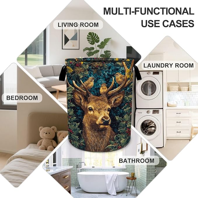 Deer Birds Laundry Basket Foldable Oxford Laundry Hamper With Handle For Room Bathroom Bedroom