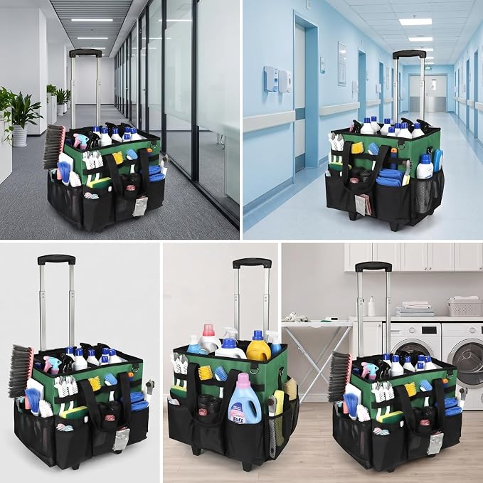Cleaning Supplies Organizer with Wheels Portable Cleaning Bag with Trolley Heavy-Duty Wheeled Organizer Bag for Housekeeping, Pink, 40.6 32 33CM