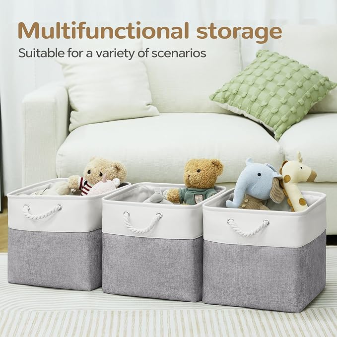 12x12 Inch Foldable Fabric Cube Storage Bins with Handles 4 Pack | Sturdy Metal Strand, Cardboard Support Molding, Storage Basket, Cube Storage Bin for Shelves, Closet, Bedroom, White/Gray