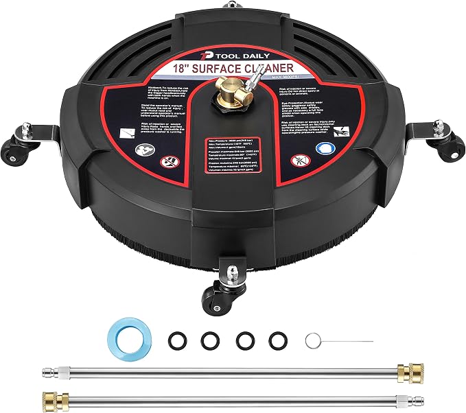 Tool Daily 18 Inch Surface Cleaner for Pressure Washer with 4 Wheels | 2 Extension Wand, Power Washer Surface Cleaner for Driveway, Sidewalk, Concrete, Patio Cleaning, 1/4" Quick Connect, 3600 PSI