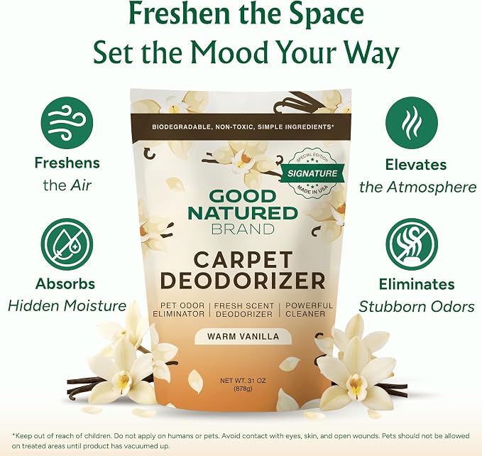 Good Natured Brand | Carpet Freshener & Deodorizer Powder | 31 oz Pet Odor Eliminator for Strong Odor & Pet Urine | Fresh Natural Warm Vanilla Scent | Safe for Homes with Pets