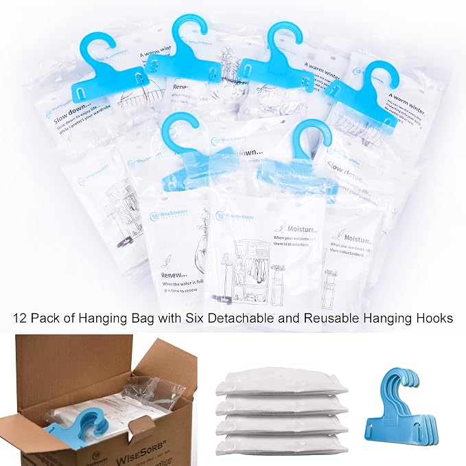 Wisesorb 12 Pack Moisture Absorbers Packets, 7 oz Hanging Closet Dehumidifier Bags, Hanging Humidity Absorber for Closet, Bedrooms, Bathrooms