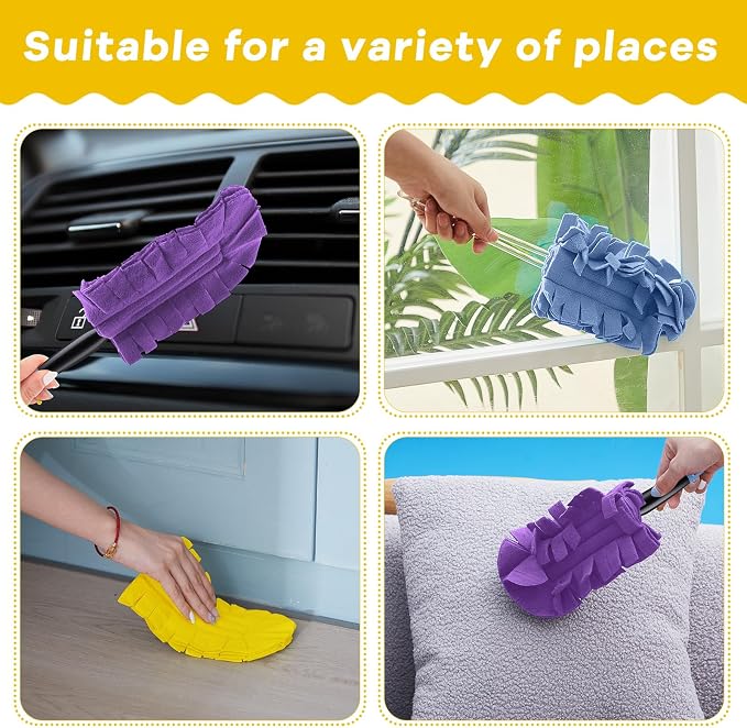 Zubebe 12 Pcs Reusable Duster Refills Fleece,Purple, Light Blue, Yellow | Soft Polyester Fiber Flat Duster Refill Multi Surface Washable Cleaning Pad Tools for Home, Blinds, Car, Pet, Furniture, Fans
