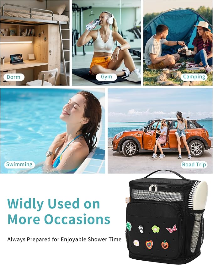 Shower Caddy Portable, Hanging Shower Caddy for College Dorm Room Essentials, Mesh Shower Bag with DIY Decoration Charms, Large Capacity Toiletry Bag for Gym, Swiming, Camping, Bathroom, Beach, Travel