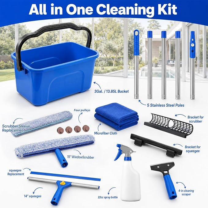 Window Cleaning Kit with Extendable Long Handle, Professional Window Squeegee & Window Washer Tool Set for Indoor Outdoor High Windows, Glass, RV & Shower Doors