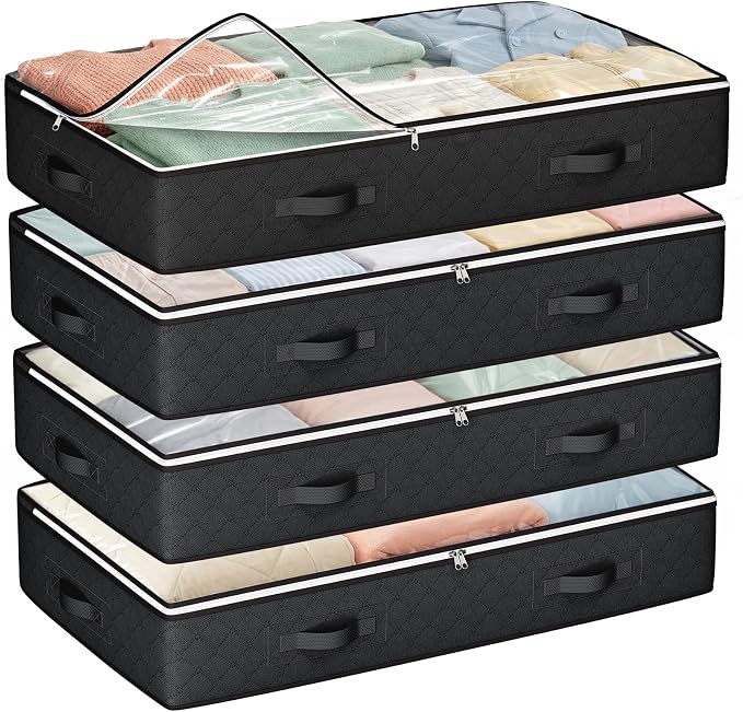 Budding Joy Under Bed Storage Containers with Clear Lids, 4 Pack | Underbed Storage Bags for Blankets, Towels, Comforter, Sweaters, Linen Sheets, Wrapping Paper