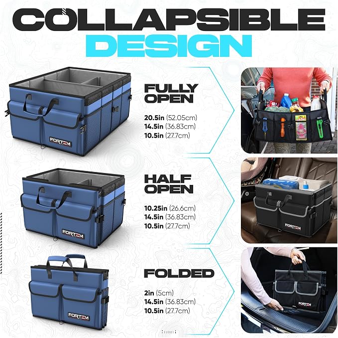 FORTEM Trunk Organizer - Foldable Car Organizer & Storage for SUVs & Trucks | Car Accessories for Men Women, Collapsible Bag, Non Slip Bottom, Straps, Soft Cover, 600D Oxford, Blue, 3 Compartments, 50L