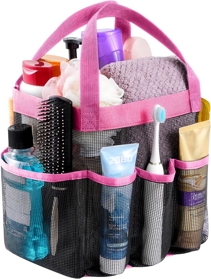Lifewit Mesh Shower Caddy Portable for College Dorm Room Essentials with 7 Pockets, Freestanding Hanging Organizer Basket, Quick Dry Tote Bag for Camping, Bathroom, Beach, Travel, 1 Pack, Pink | 2 Handles, Freestanding, Quick Dry Tote Bag, 7 Pockets, f...