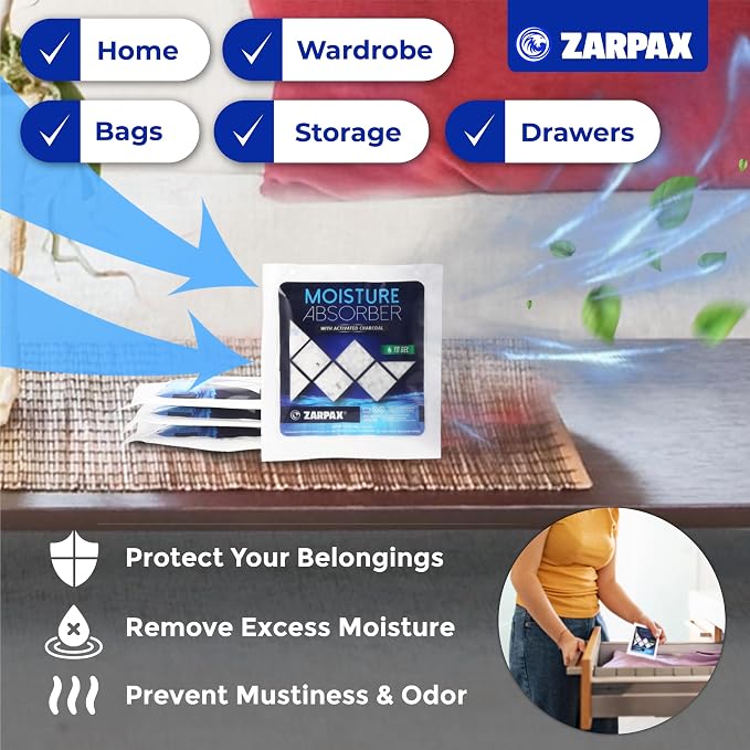 Zarpax Moisture Absorber Sachets Activated Charcoal 1.4 oz/40g - Remove Excess Moisture In Air - Desiccant Dehumidifier for Closet, Drawer, Safe, Storage - Dampness & Humidity Control - Set of 15
