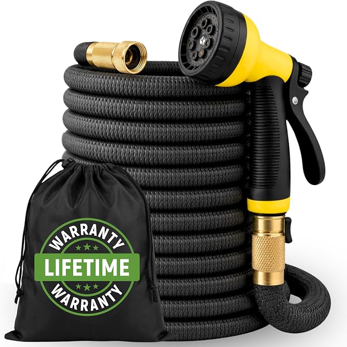 J&B XpandaHose 100ft Expandable Garden Hose, Lightweight, Brass Connectors | Ultra Strong 3750D fabric, 4-layer latex core, expands 3X, kink & leak-resistant, 10-pattern nozzle, storage bag