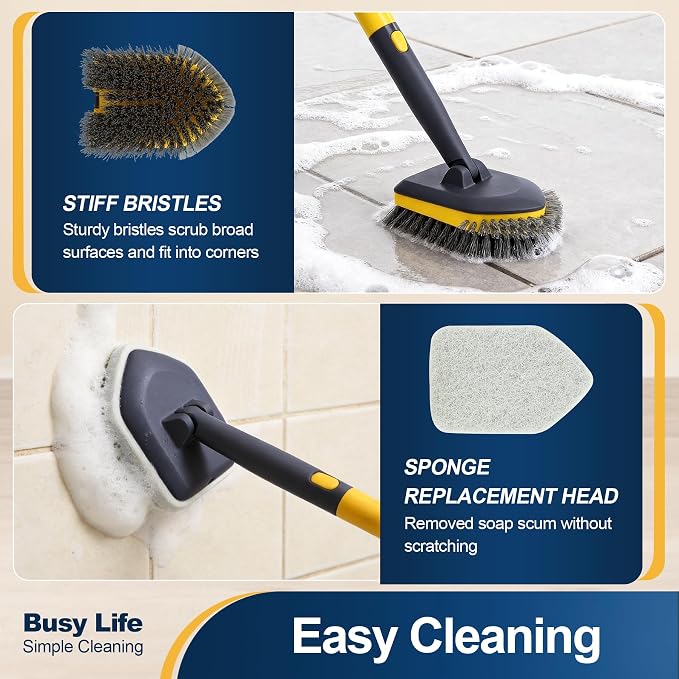 Yocada Tub Tile Scrubber Brush 2 in 1 Cleaning Brush 58.2" Telescopic Pole | Stiff Edge Bristles 4*Scouring Pads for Bathroom Shower Floor Corner Cleaning Non Scratch