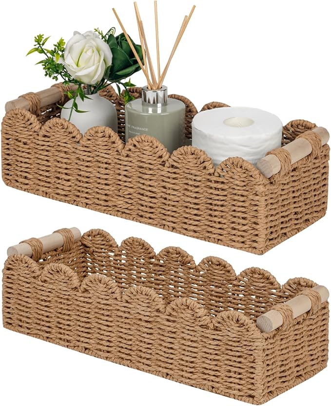 CubesLand Bathroom Basket Organizer, Toilet Tank Paper Storage Baskets 2PK | Scalloped Decorative Basket for Countertop w/Handle, Wicker Basket for Bathroom Decor, Home Decor, Living Room, Neutral
