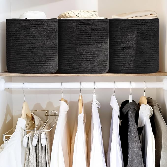 11x11x11 Cube Storage Bin - 3 Pack Woven Storage Cubes Organizer, 11 Inch Black Cotton Rope Baskets for Organizing, Square Baskets for Shelves, Nursery Closet Bins, Cubby Toy Box Organizer