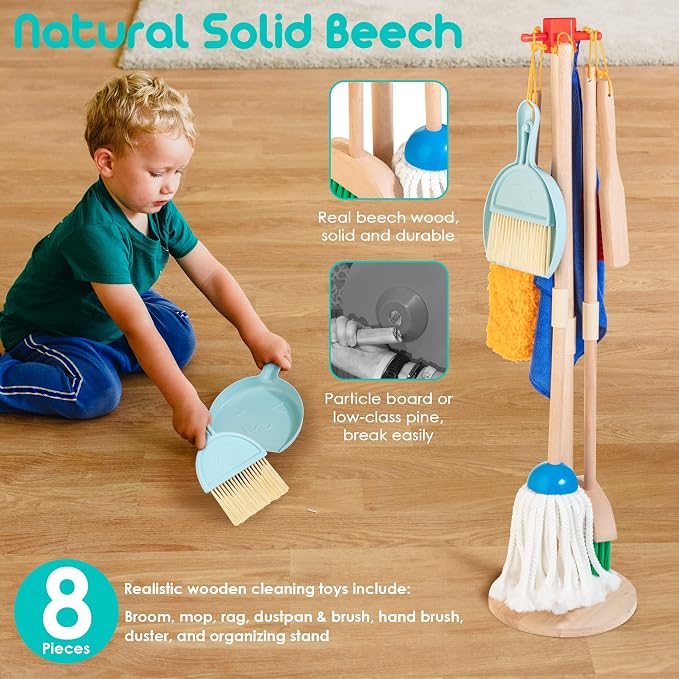 Kids Cleaning Set, 8 Pcs Wooden Housekeeping Play Toy Broom Mop Set | Brushes Rag and Organizing Stand, Montessori Cleaning Toys Gift for Toddlers Girls Boys Age 3-6, Solid Beech Wood