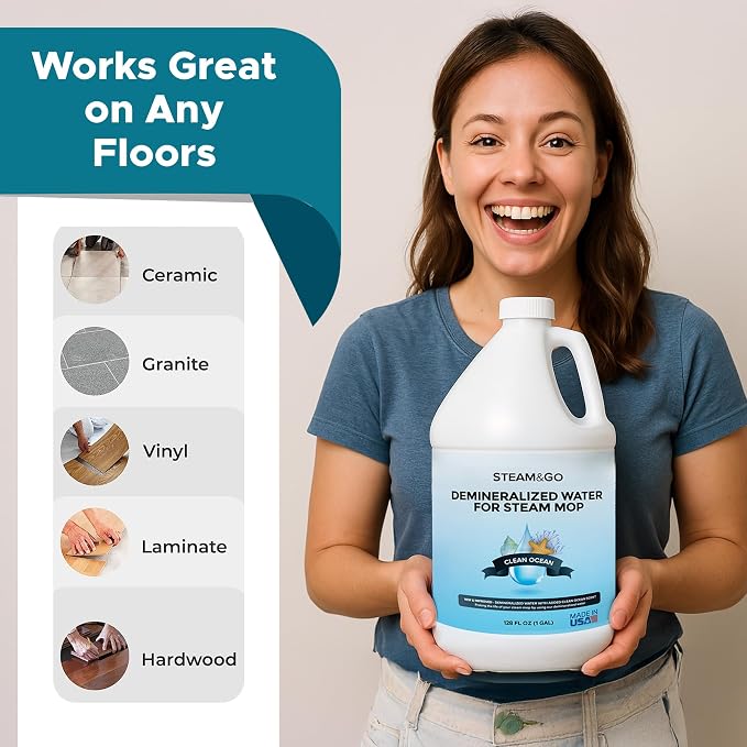 Steam & Go Demineralized Water for Steam Mop – Clean Ocean Scent, 128 fl oz (1 gal) | Scented Floor Cleaner Solution, Ready-to-Use, Compatible with Any Steam Cleaner | Mineral-Free, Ready-to-Use Floor & Garment Steamer Solution; Prevents Buildup, Suppo...