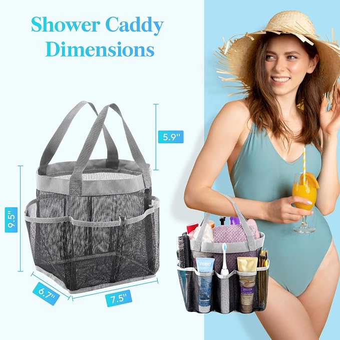 Lifewit Mesh Shower Caddy Portable for College Dorm Room Essentials with 7 Pockets, Freestanding Hanging Organizer Basket, Quick Dry Tote Bag for Camping, Bathroom, Beach, Travel, 1 Pack, Grey | 2 Handles, Freestanding, Quick Dry Tote Bag, 7 Pockets, f...