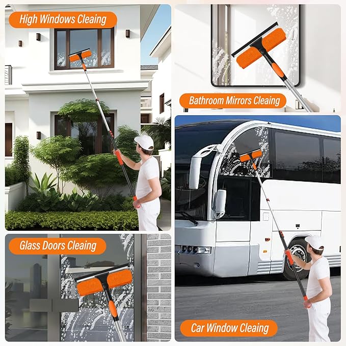 26FT High Window Cleaning Kit with Pole,2 in1 Professional Window Squeegee | 5-20FT Window Clean Pole Kit(2 Squeegee & 2 Microfibre Cloths),180°Rotatable Squeegee for Indoor/Outdoor High Windows