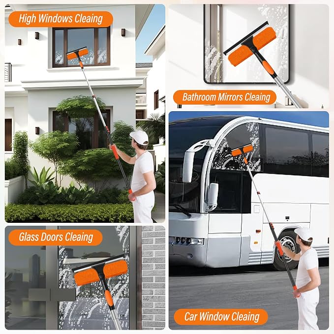 18FT High Window Cleaning Kit with Pole,Professional 2 in 1 Window Squeegee | 3-12FT Window Clean Pole Kit,2 Squeegee & 2 Microfibre Cloths,180°Rotatable Squeegee for Indoor/Outdoor High Windows