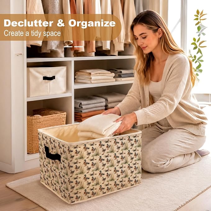 Rustic Mallard Duck Storage Bins Box, Farmhouse Countryside Waterfowl Mallard Duck Foldable Storage Basket with Handles for Bedroom Bathroom Home Toys Clothes Books Organizer