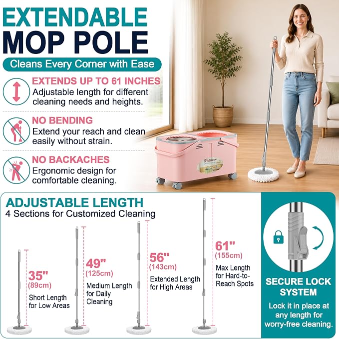 Easy-Rinse Mop Bucket Gen 2, Clean/Dirty Water Separation,Pink | Shower-Style Rinse, 1.5 Gal Capacity, 4 Wheels, 61-inch Handle, 6 Heads, for Apartments, Hardwood, Laminate & Tile Floors