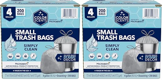 Color Scents Small Trash Bags - 4 Gallon, 200 Bags (2 Pack of 200 Count), Drawstring - Silver Bag in Simply Clean Scent with Microban