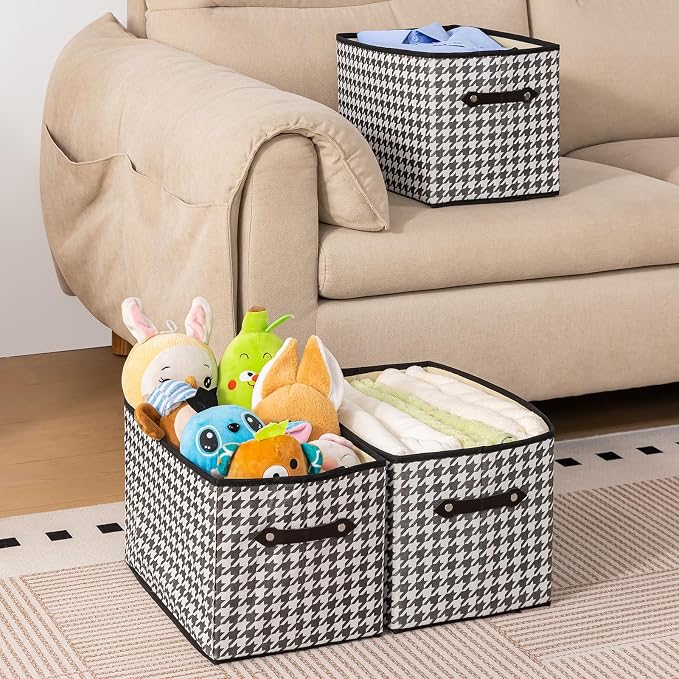 3 Pack Large Collapsible Storage Baskets for Shelves,14.9"x9.5" Fabric Closet storage Boxes with Leather Handles,Decorative Organizers Storage Bins for Clothes,Sheets,Toys,Books,(Houndstooth