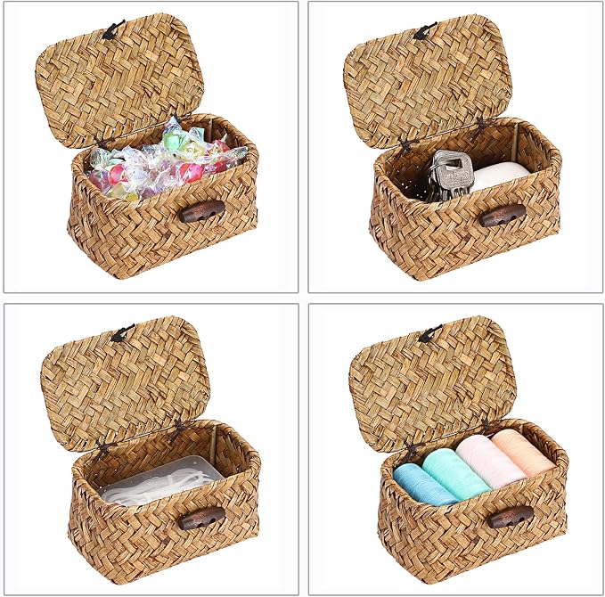 Hipiwe Handwoben Seagrass Basket With Lid Wicker Storage Baskets Decorative Shelf Basket Mini Desktop Organizer, Caramel 4.3" x 2.5" x 2.1"