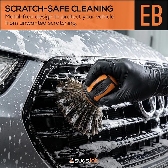 Suds Lab Elite-Bristle Boar's Hair Detailing Brush, Deep Cleaning, Stand | Metal-free, high absorbency tool for scratch-free interior & exterior car detailing