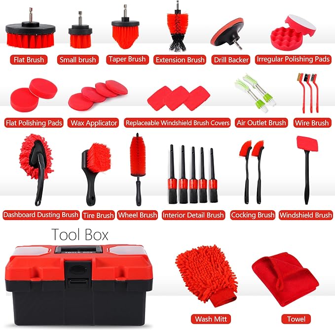35Pcs Car Detailing Kit, Car Cleaning Kit and Detailing Brush Set | Windshield Cleaner Tool, Long Wheel Brush & Angled Brushes, Polishing Pads & Wax Pads, Red Tool Box, Gift for Men
