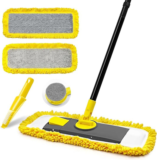 Dust Mop with Microfiber & Chenille Pads, Dry Wet Flat Mop for Cleaning Hard Wood Laminate Tile Vinyl Kitchen Bathroom Home (Yellow)