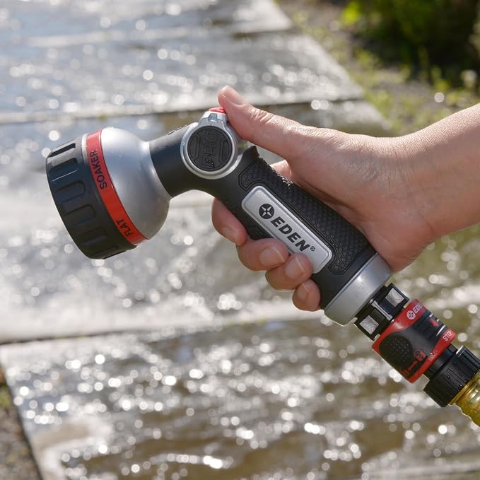 Eden 94814 Metal Thumb Control Heavy Duty Garden Hose Nozzle, Water Sprayer Nozzle with 6 Adjustable Watering Patterns, W/Quick Connect Starter Set for Plants, Lawn, Garden