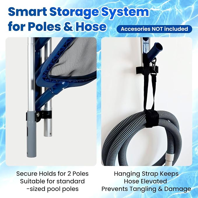 POOLAZA Pool Equipment Storage Rack, Pool Tool Organizer for Cleaning Tools | Durable ABS Rack with Aluminum Support Plate, Holds Skimmer Nets, Brushes, Vacuum Heads, Poles & Hoses with 5 Holders & Strap