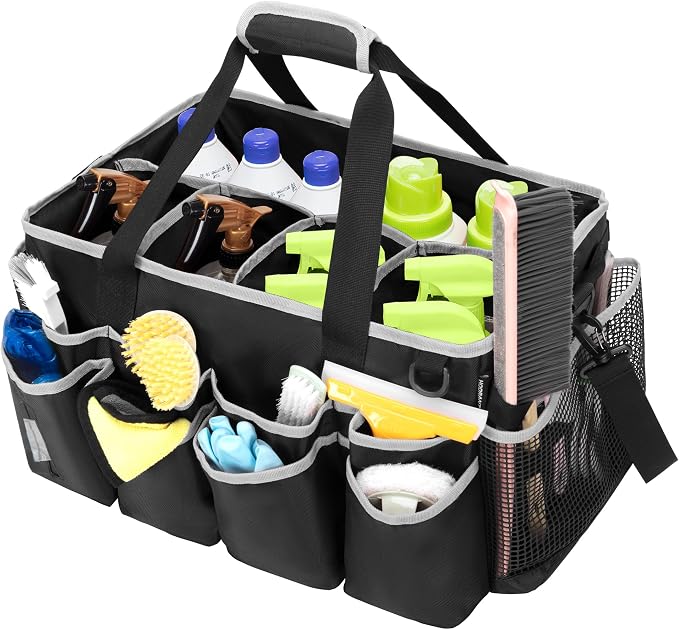 HODRANT Extra-large Wearable Cleaning Caddy with Pad, Handle & Divider | Cleaning Organizer Bag for Clean Products, Housekeeper Tote Car Wash Tools Bag for Detailing Supplies, Bag Only, Gray Edge