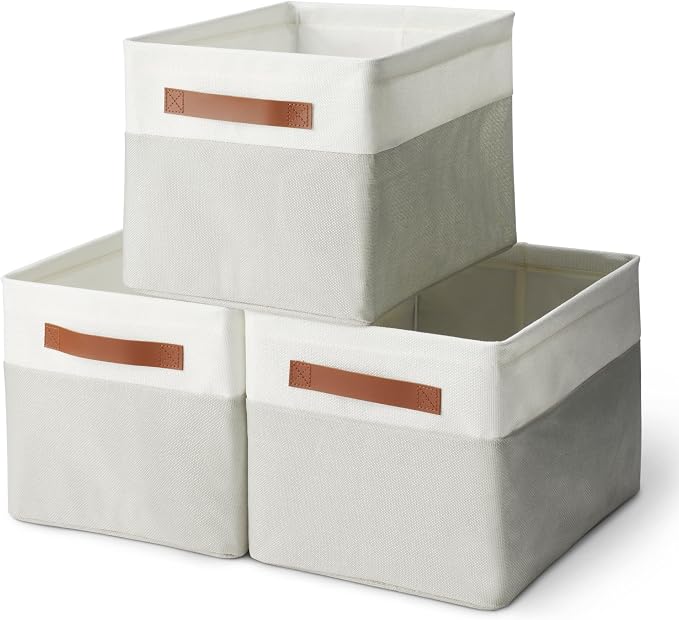 Amazon Basics Collapsible Storage Bins with Faux Leather Handles, Foldable Organizing Containers for Closet, Clothes, Toys, Linen, Large, 3-Pack