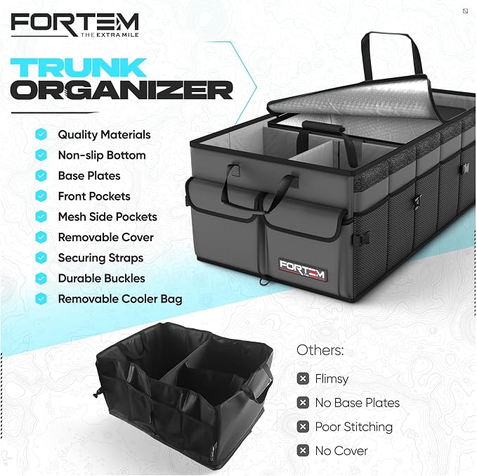 FORTEM Trunk Organizer - Foldable Car Organizer with Cooler for SUV, Trucks | Car Accessories for Men Women, Collapsible Bag, Non Slip Bottom, Straps, Soft Cover, 600D Oxford, Grey, 6 Compartments, 105L