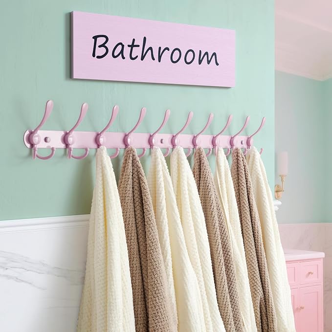 Dseap Coat Rack Wall Mount - 38” Long 10-Tri-Hooks Heavy Duty Coat Hanger Rail Wall Hooks for Hanging Coats Hats Clothing Clothes Purse Mudroom Entryway, Pink