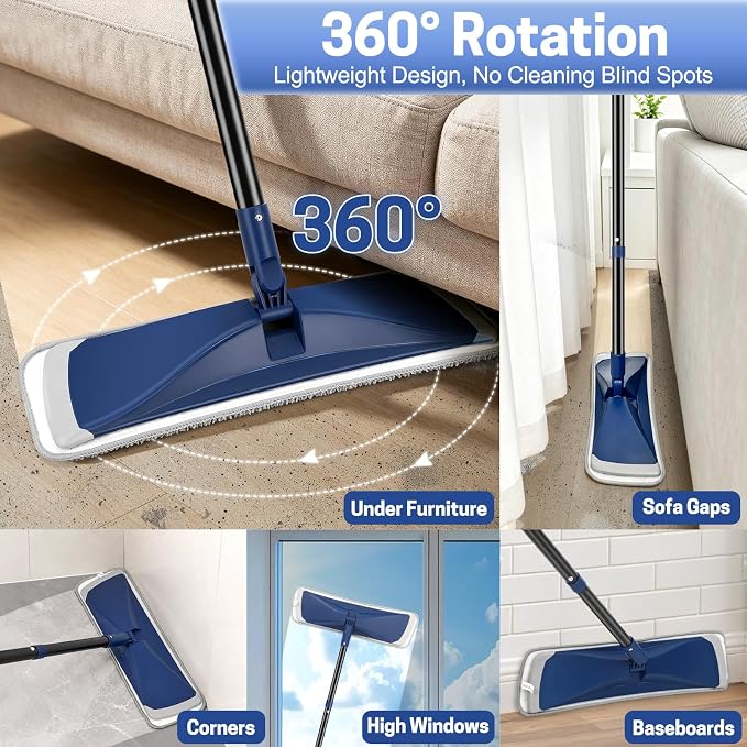 BUVE Microfiber Flat Mop for Hardwood Floors Cleaning | Wet Dry Use|360°Swivel Head|2 Washable Pads|Silicone Bumper Edge|59" Adjustable Handle for Vinyl,Laminate,Tile Floor Dust